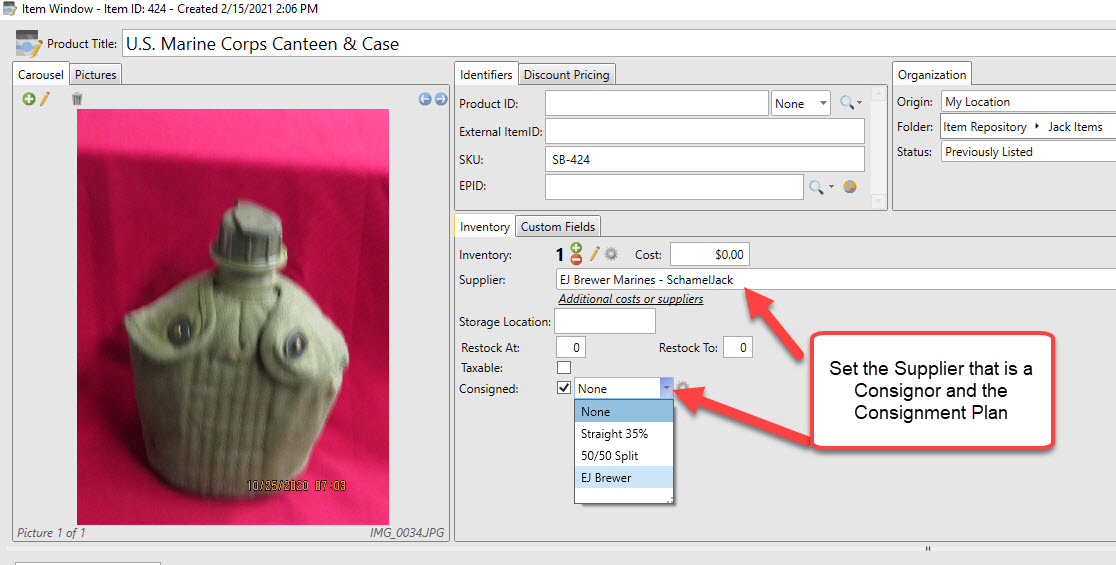 Set consignment plan on the item window